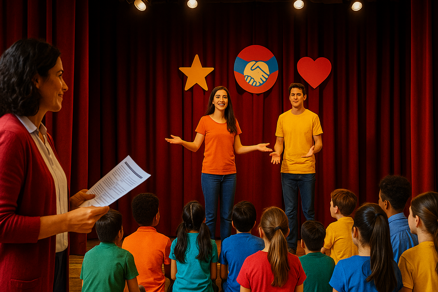 Obra escolar con enfoque educativo en escenario